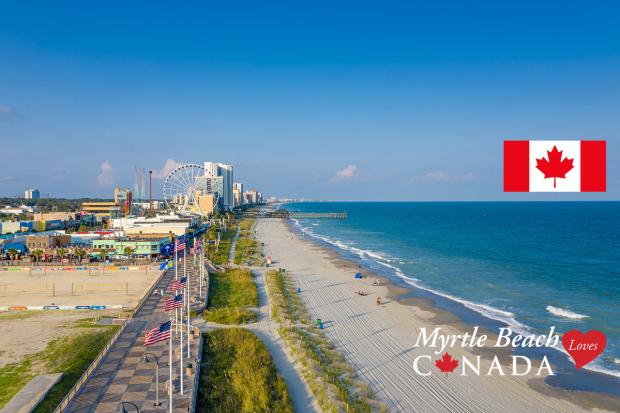 Myrtle Beach aerial with Canadian flag and Myrtle Beach Loves Canada logo