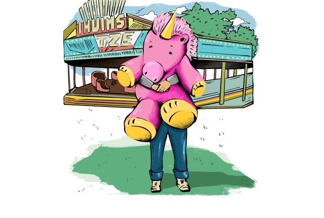 Illustration of a rainbow unicorn prize and carnival booth at the NM State Fair.