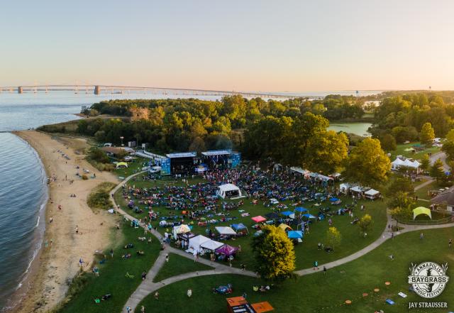 a bird's eye view of the Annapolis Baygrass Festival at Sandy Point State Park