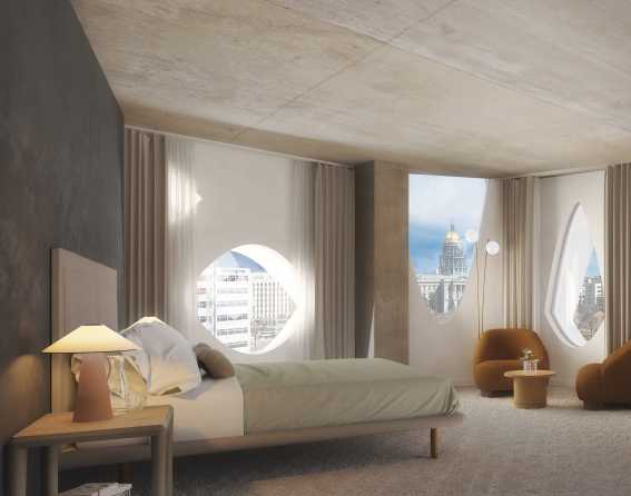 Interior of a suite with a Capitol view at the Populus Hotel in Denver, Colorado.