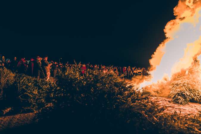 Christmas Trees are visible in the foreground with a large bonfire behind them. People are gathered around the bonfire for a Twelfth Night Celebration