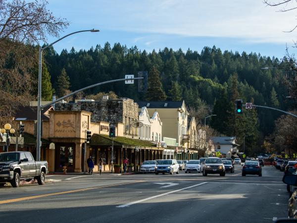 Calistoga locals go about their day against a beautiful mountain backdrop