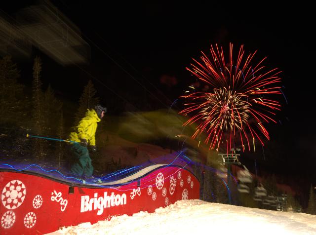Night skiing at Brighton with fireworks