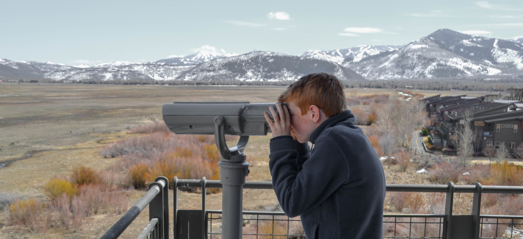 a child looking through binoculars at wetlands