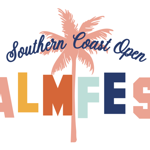 White script reads "Southern Coast Open Palm Fest" and is overlaid on top of a dark and light blue background of rays with a palm tree, guitar, and spatula graphic.