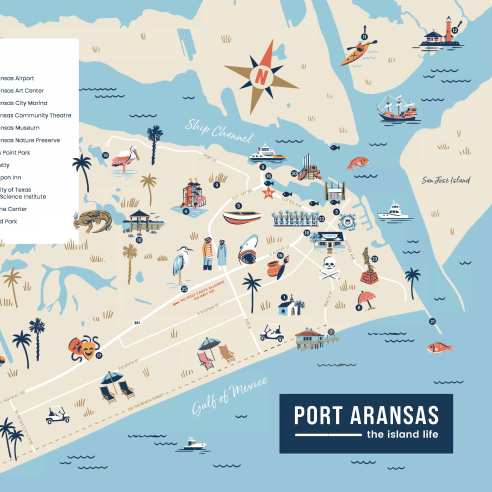 An illustrated map of Port Aransas in light blues and sand colors