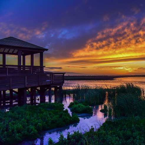 A vibrant sun sets over marshy waters. On the left sits a wooden observation deck.