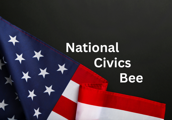 American Flag with beside text "National Civics Bee"