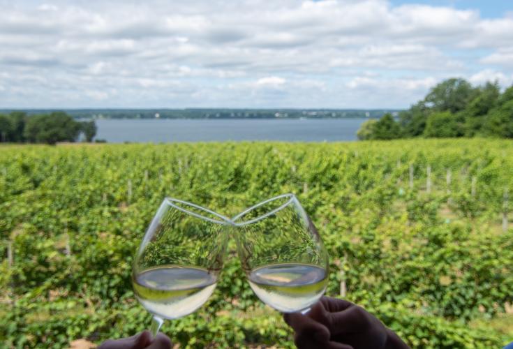 Couple holding wine glasses at Ventosa Winery with lake in background