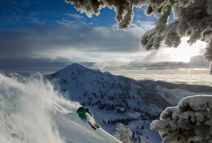 Skier in deep powder with the view of the Salt Lake Valley in the background