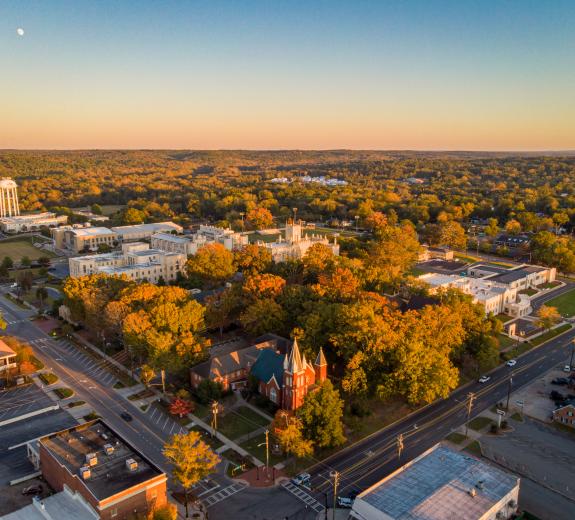 Aerial view of downtown Milledgeville, GA in fall