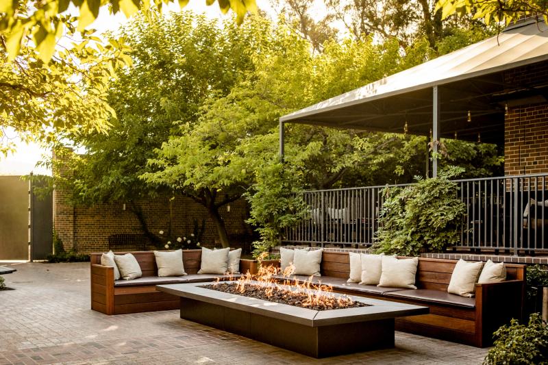 outdoor fireplace and lounge at The Charter Oak restaurant