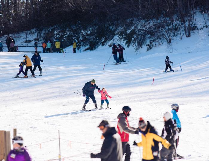 A father and daughter glide down the bunny slope hand-in-hand. Other families and skiers can be seen enjoying the snow all around.