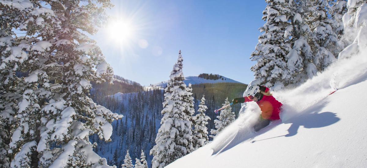 Skier with scenic view of sun and blue skies in background