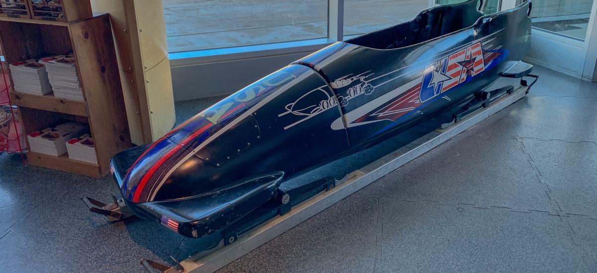 a bobsled in the lobby of Utah Olympic Park