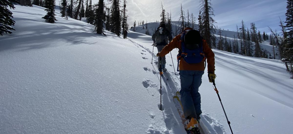Two Backcountry skiers hiking up mountain on skis
