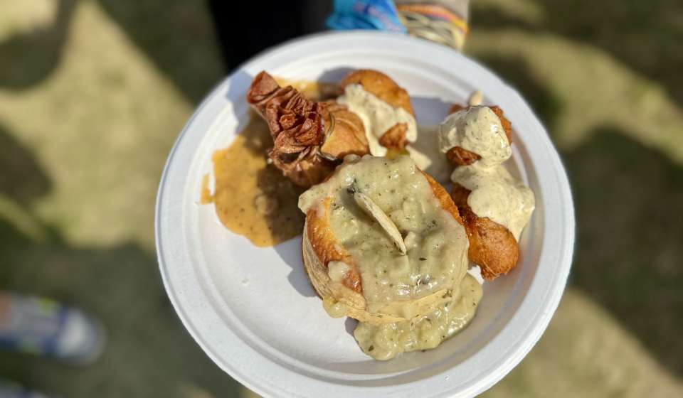 Patton's Caterers Combo Plate featuring Crawfish Sack, Oyster Patty and Shrimp Beignets - Jazz Fest