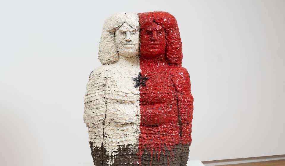 Raven Halfmoon, Tsu’-Cus Iya’y? I (Star Sister I) 2022, Stoneware, glaze, 55 x 38 x 23 inches, Collection of Mark McDonald and Dwayne Resnick, Courtesy of Ross + Kramer Gallery