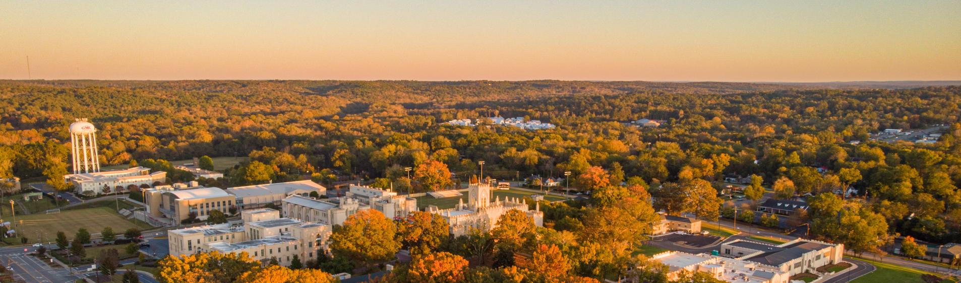 Aerial view of downtown Milledgeville, GA in fall
