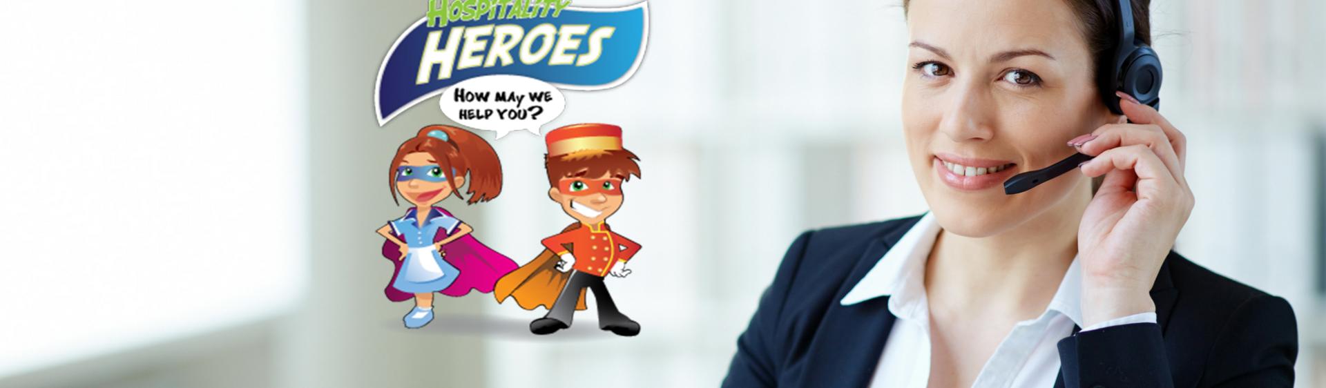 A woman in the hospitality industry and the Hospitality Heroes logo.