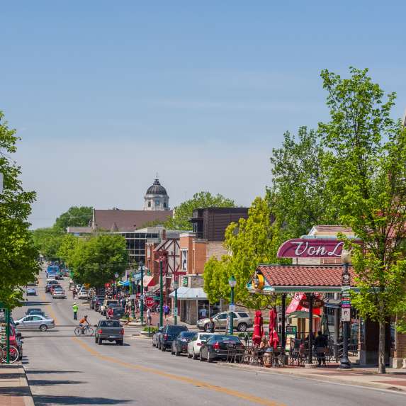 Downtown Bloomington view of Kirkwood Avenue in the spring