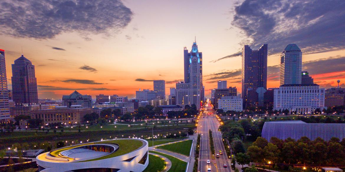 Skyline of Downtown Columbus during a sunset