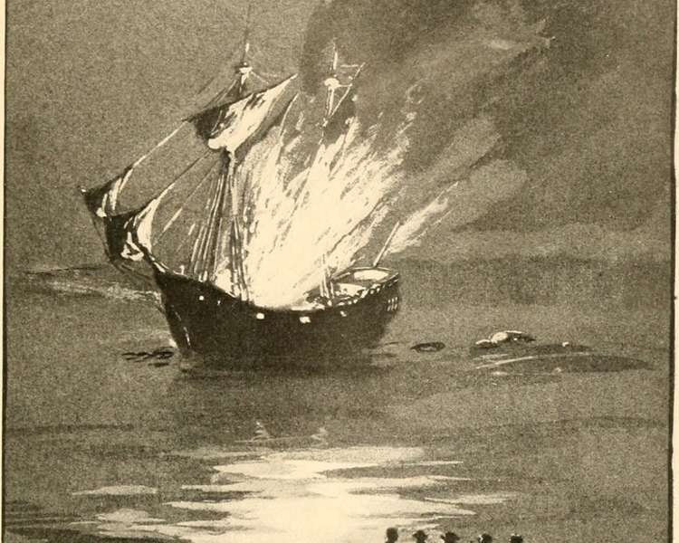 Black & white image of the burning of the Gaspee