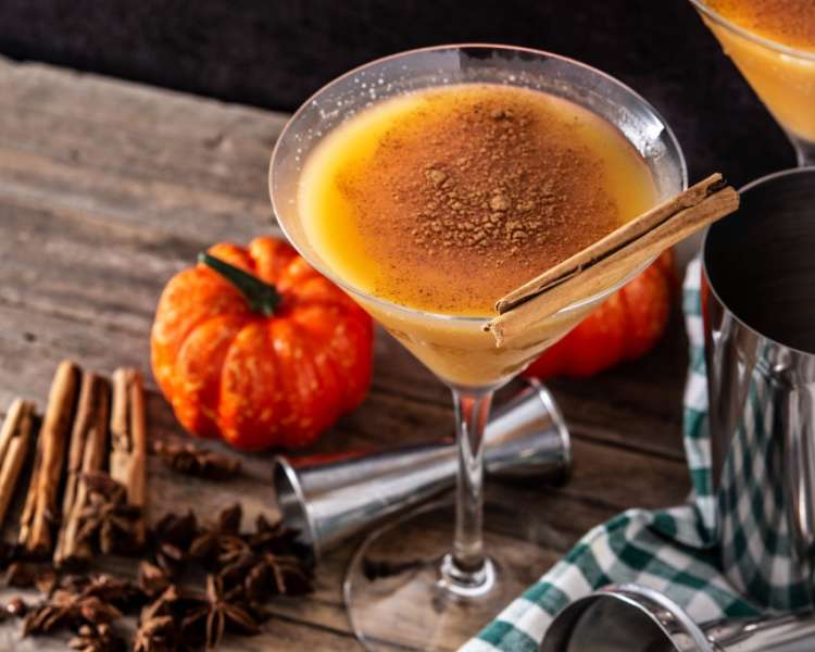 A pumpkin pie martini with cinnamon stick garnish.