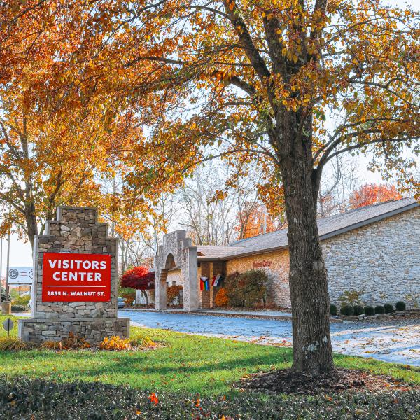 Exterior of the Bloomington Visitors Center on a fall day