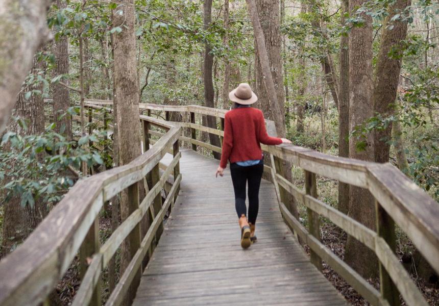 Woman walking on the Congaree National Park boardwalk