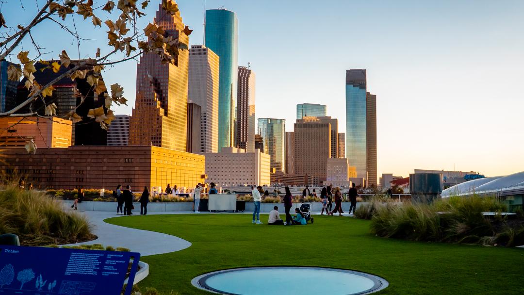 People In A Houston Park With The City In The Background.