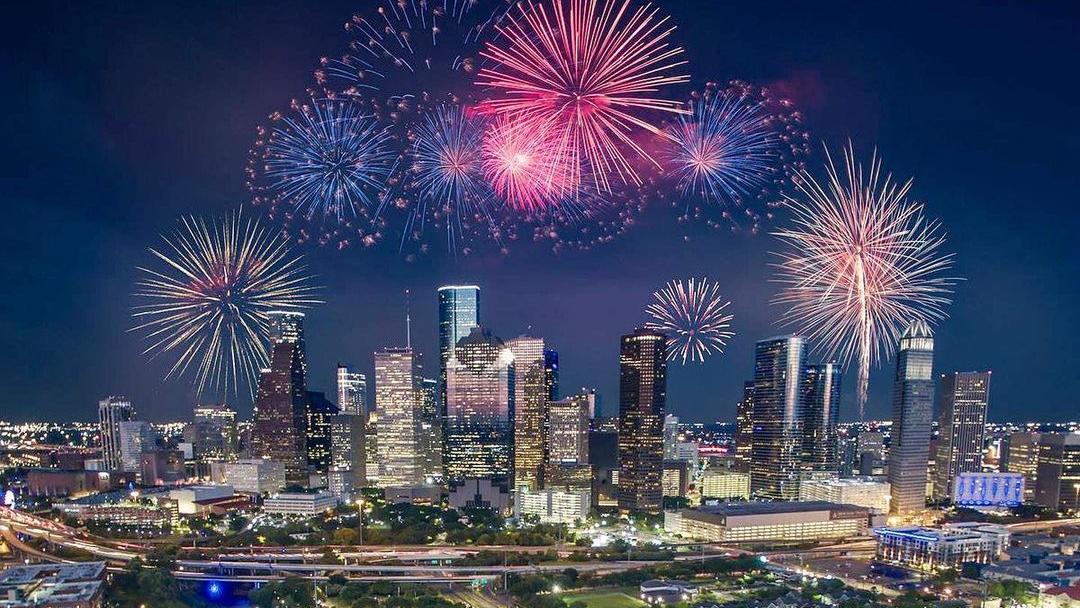 Fireworks light up the night sky over downtown Houston