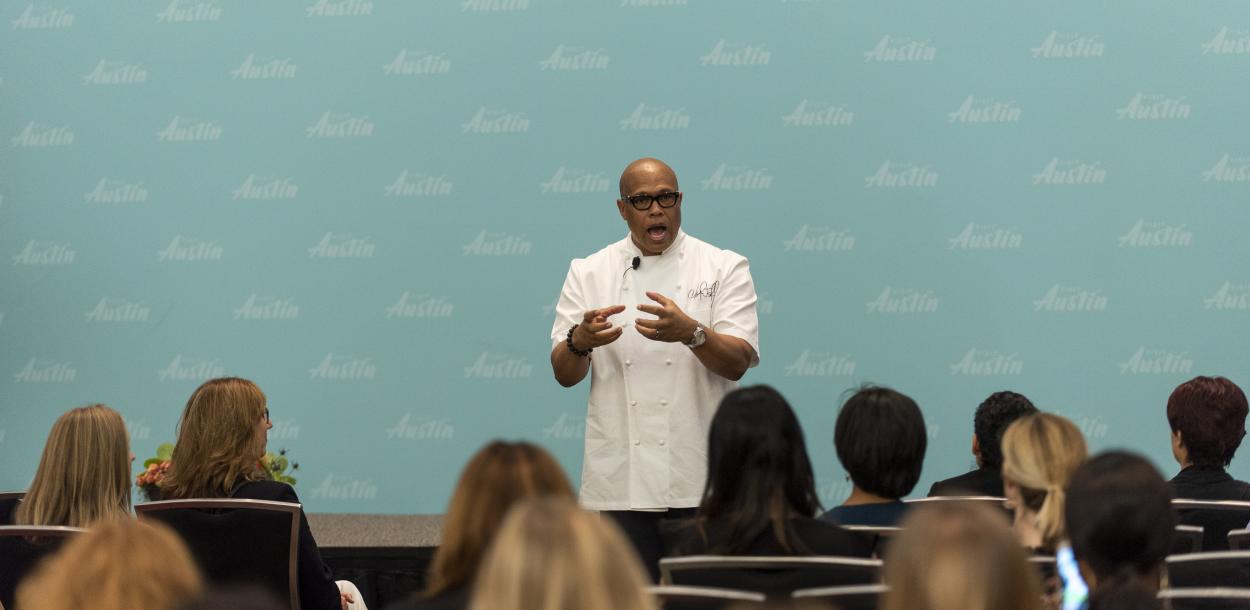 Chef Jeff speaking at Visit Austin Tourism and Hospitality Career Fair