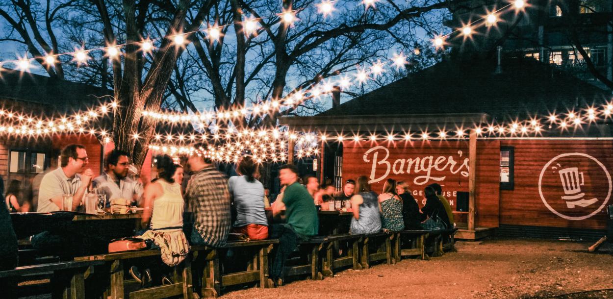 Bangers Sausage House and Beer Garden at night