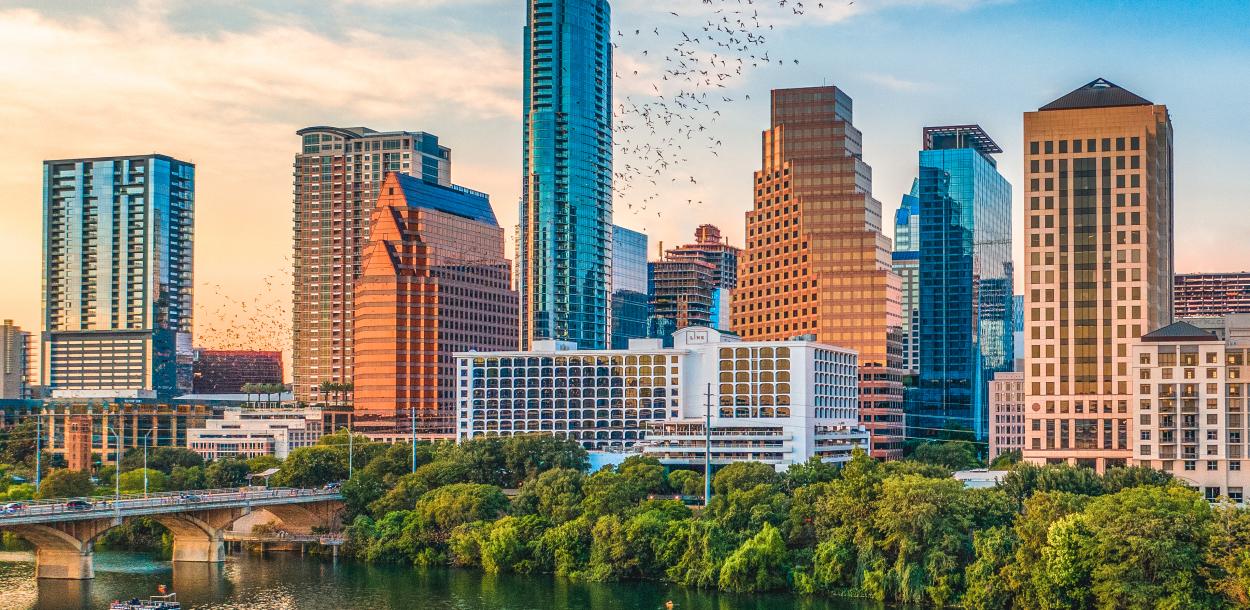 bats flying from the congress bridge in front of Austin skyline at sunset