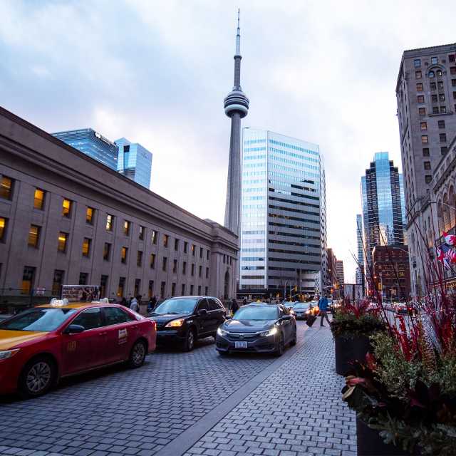 Cars on Front Street outside Union Station in downtown Toronto