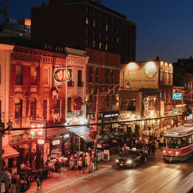 The shops and restaurants of King West at night