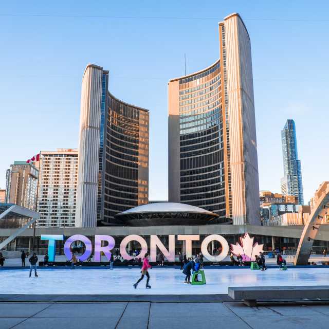 Nathan Phillips Square is one of Toronto’s most popular public skating rinks