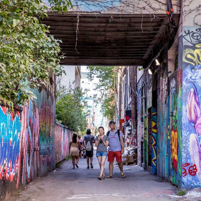 Graffiti Alley is a stretch of  back-alley between Spadina and Portland Street full of legalized colourful street art murals