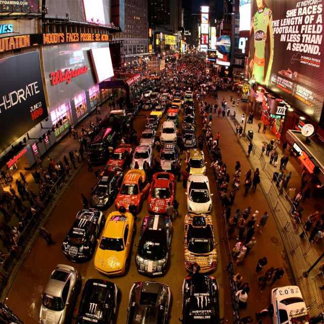 Cars lined up at Times Square