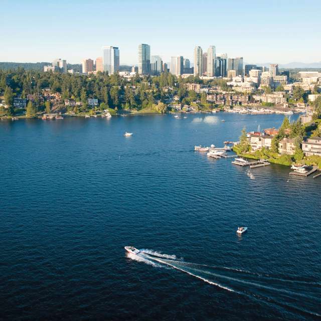 Bellevue, Washington, aerial view a wealthy neighborhood along the shoreline of Lake Washington and downtown Bellevue