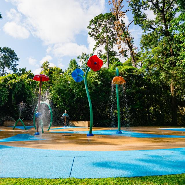 The splash pad at Timarron Park features large structures shaped like flowers with sprinkler heads raining down on the pad.