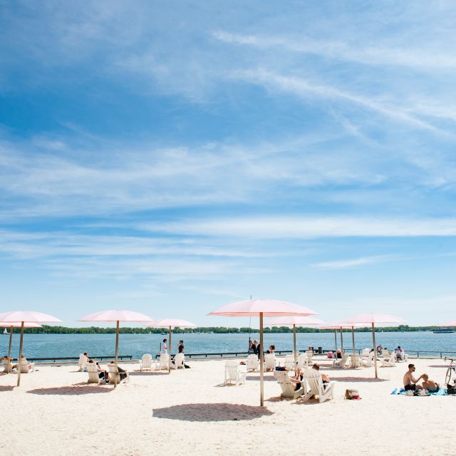 The umbrellas at Sugar Beach in Toronto's waterfront in summer