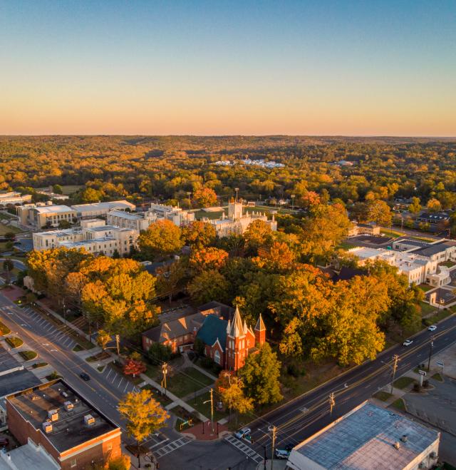 Aerial view of downtown Milledgeville, GA in fall