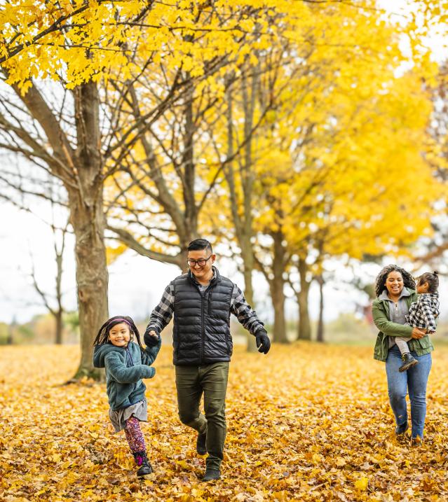 A man runs with a young girl, while a woman carries a younger girl and walks behind them.  The family plays in the yellow leaves on the ground near trees that still have yellow and brown leaves on them.