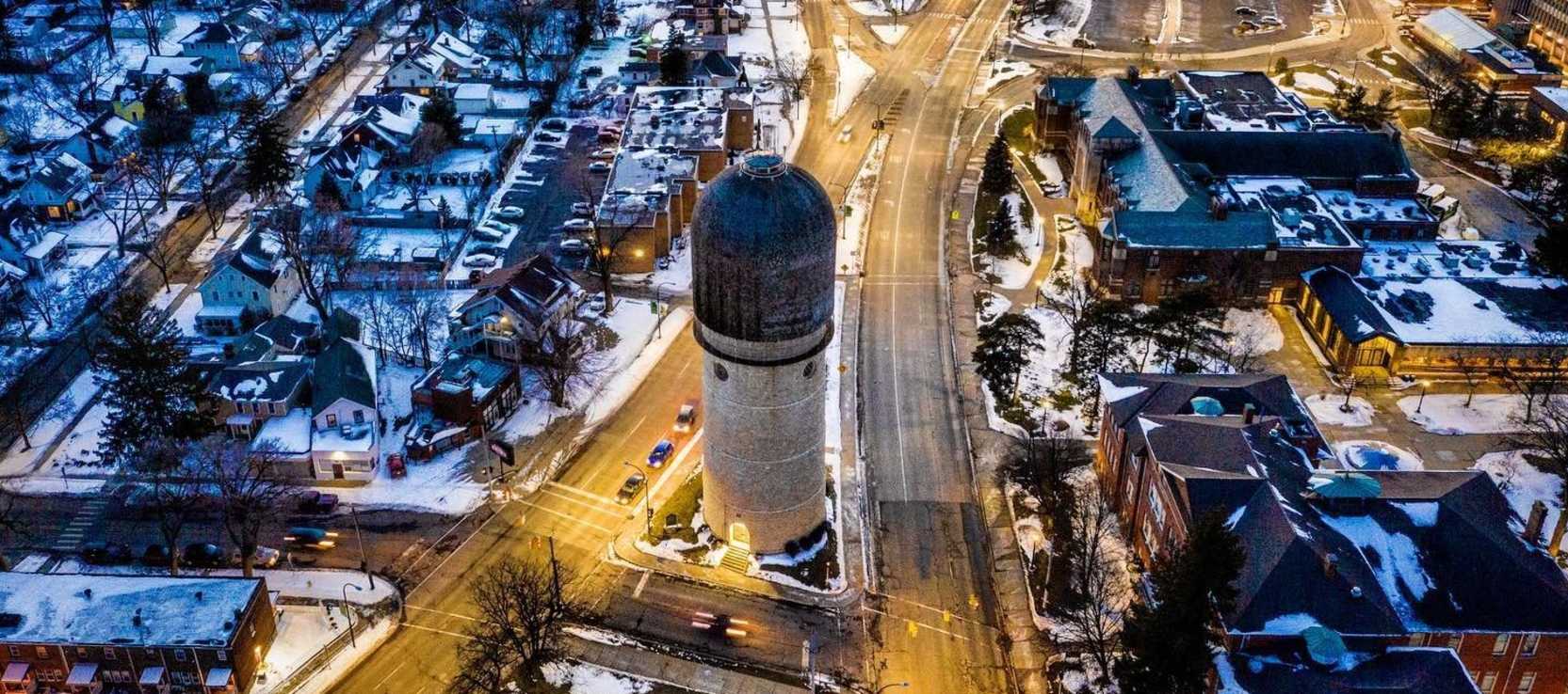 water tower in winter above view