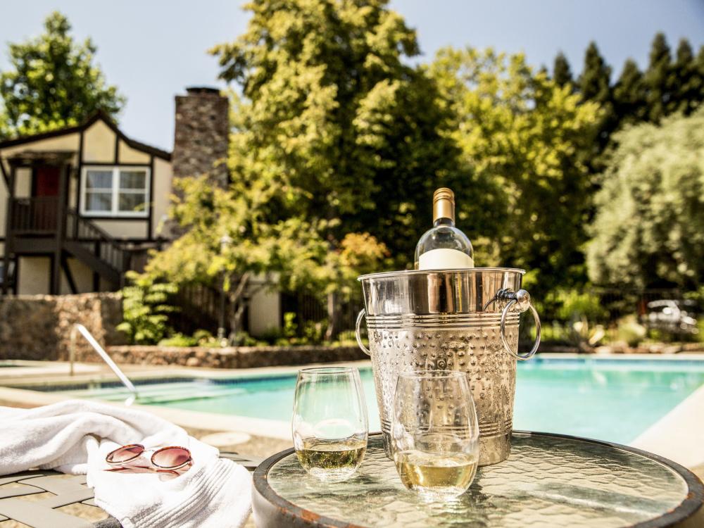 Wine at Harvest Inn pool