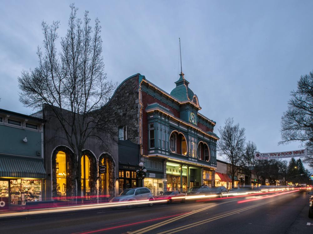 Main Street at dusk in St. Helena, Napa Valley