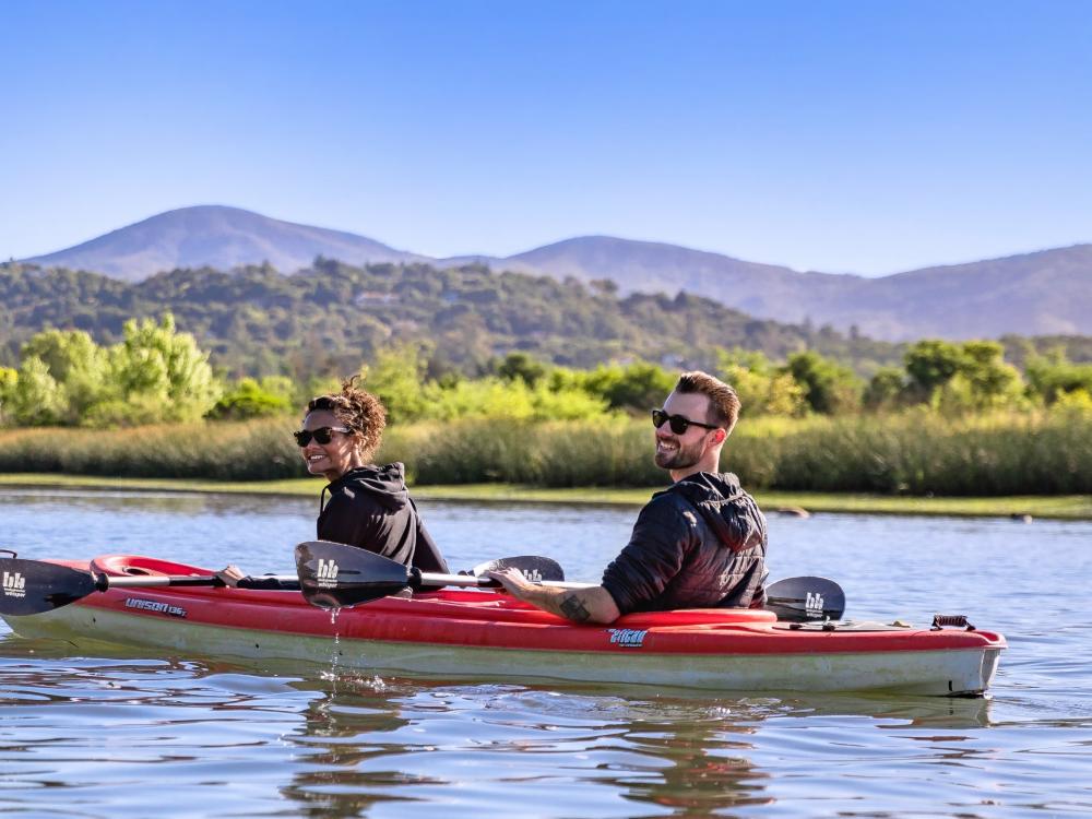 Two Men Kayaking on the Napa River in Napa Valley, CA