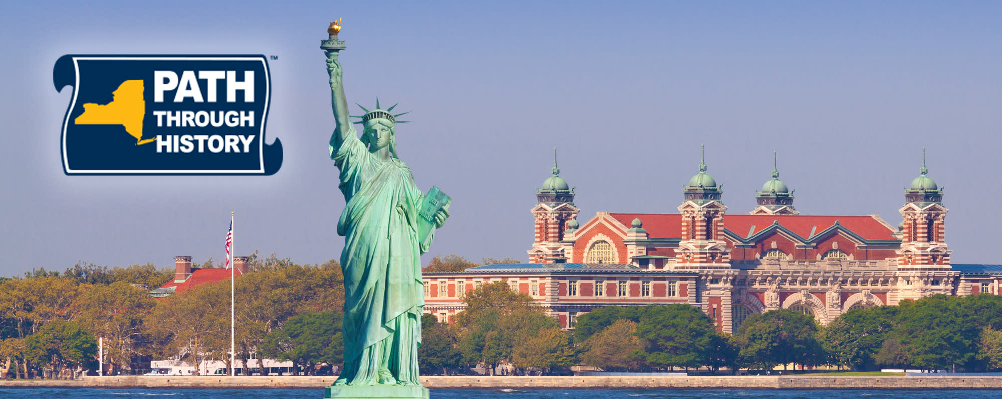 The Path Through History logo on a photo with the Statue of Liberty and Ellis Island